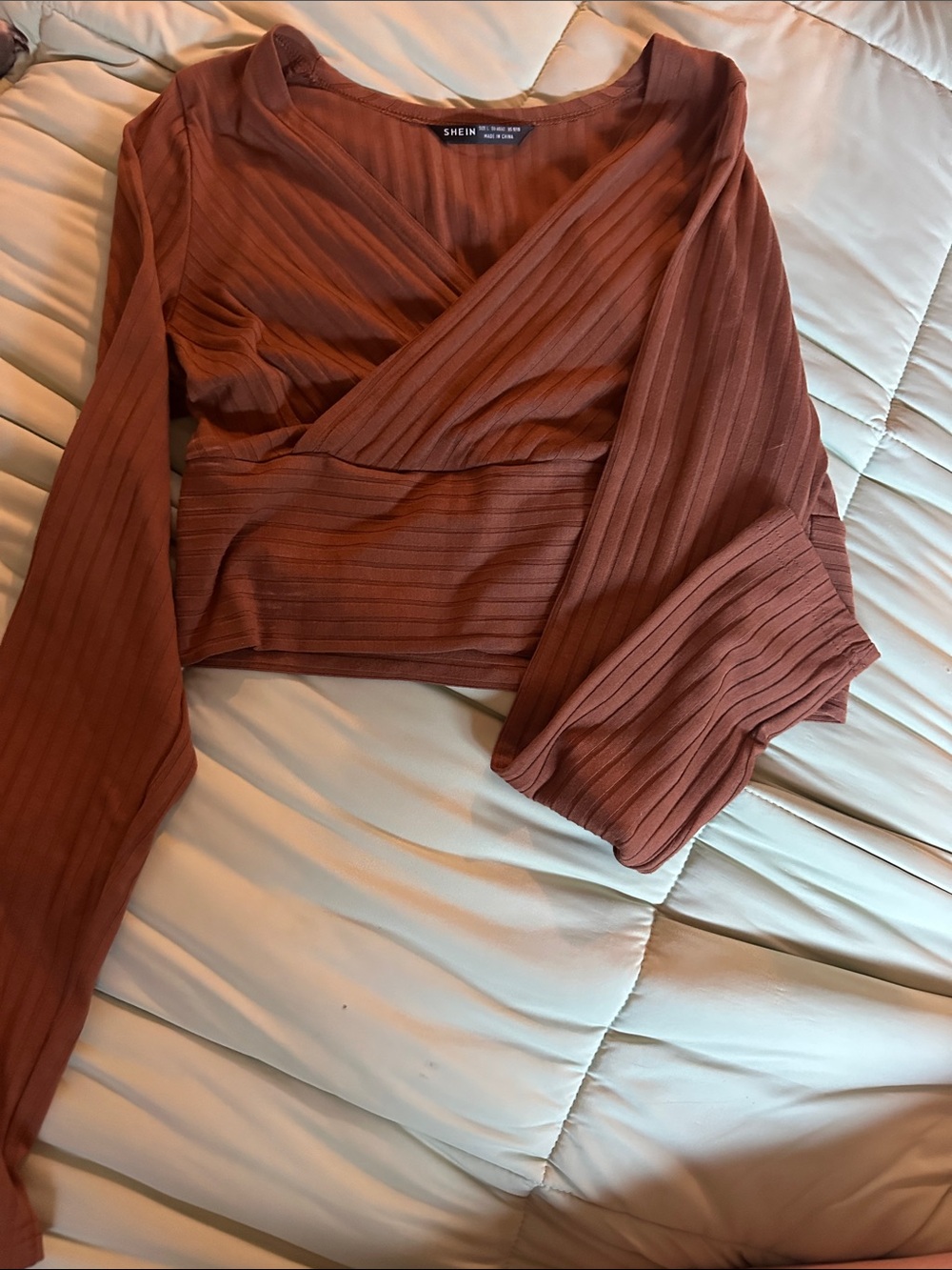 SHEIN Ribbed Wrap Crop Top - Rust Brown
